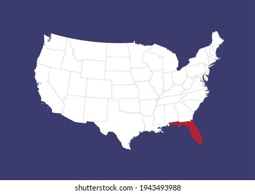 Detailed vector map of the USA showing the location of Florida on a blue background. Map made with the colors of the USA flag. Map is suitable for digital editing and printing of all sizes.