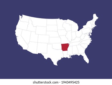 Detailed vector map of the USA showing the location of Arkansas on a blue background. Map made with the colors of the USA flag. Map is suitable for digital editing and printing of all sizes.