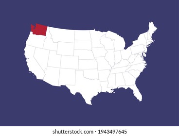 Detailed vector map of the USA showing the location of Washington on a blue background. Map made with the colors of the USA flag. Map is suitable for digital editing and printing of all sizes.