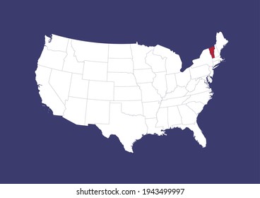 Detailed vector map of the USA showing the location of Vermont on a blue background. Map made with the colors of the USA flag. Map is suitable for digital editing and printing of all sizes.