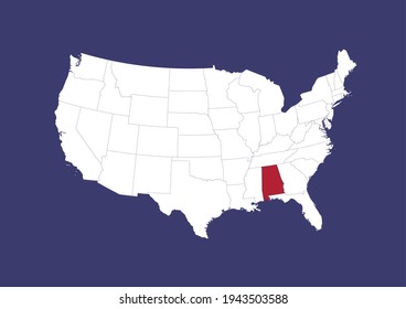 Detailed vector map of the USA showing the location of Alabama on a blue background. Map made with the colors of the USA flag. Map is suitable for digital editing and printing of all sizes.