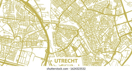 Detailed vector map of Utrecht in gold with title, scale 1:10 000, Netherlands