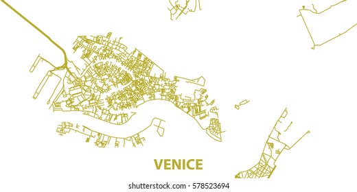 Detailed vector map of Venice in gold with title, scale 1:30 000, Italy