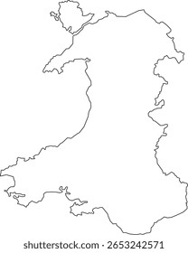 Detailed vector map of Wales, United Kingdom, showing regions, cities, coastlines, and topography. Ideal for education, tourism, infographics, and geographic design projects.