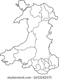 Detailed vector map of Wales, United Kingdom, showing regions, cities, coastlines, and topography. Ideal for education, tourism, infographics, and geographic design projects.