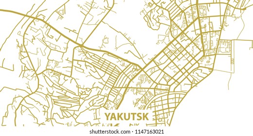 Detailed vector map of Yakutsk in gold with title, scale 1:30 000, Russia