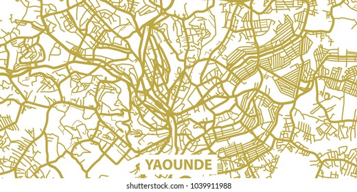 Detailed vector map of Yaounde in gold with title, scale 1:30 000, Cameroon