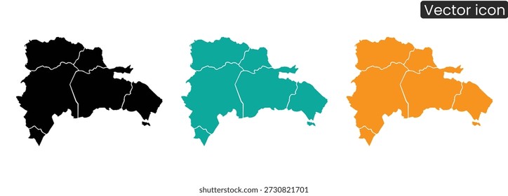 Mapas de Vector detallados de las regiones de la República Dominicana en colores negro, verde azulado y naranja para negocios, viajes o uso educativo