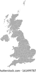Detailed vector maps of the United Kingdom regions and administrative areas in grey color