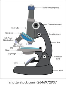 Vetor detalhado de um microscópio composto moderno. Ideal para projetos de ciência, biologia, médicos e de laboratório. Totalmente editável e perfeito para conteúdo educacional ou relacionado à pesquisa.