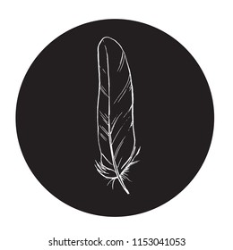 Detailed vector outline feather in a black circle. Laconic and stylish illustration. Monochrome vector
