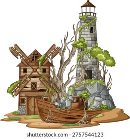 Detailed vector of overgrown lighthouse, ruined windmill house, and grounded wooden shipwreck on island