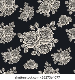 Detailed vector pattern featuring vibrant red roses with green leaves on a dark background, styled with intricate linework and vintage charm.