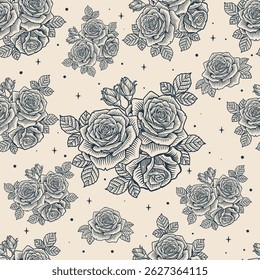 Detailed vector pattern featuring vibrant red roses with green leaves on a white background, styled with intricate linework and vintage charm.