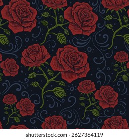 Detailed vector pattern featuring vibrant red roses with green leaves on a dark background, styled with intricate linework and vintage charm.