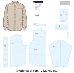 Detailed vector pattern for XL men's shirt featuring a mandarin collar, placket with buttons, cuffs, yoke, and pocket. Includes seam allowances. svg