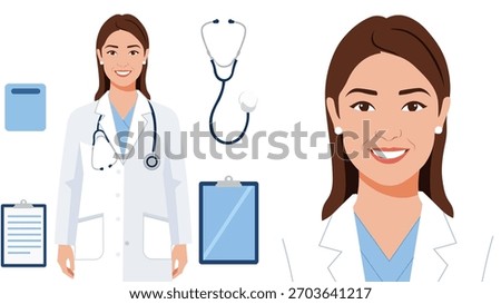 Detailed vector portrait and full body illustration of a smiling female doctor Includes separate customizable assets like stethoscope and clipboard Ideal for medical branding or presentations