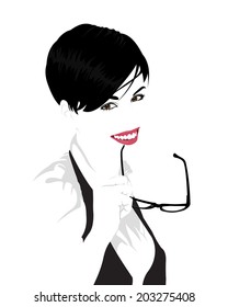 Detailed vector portrait of young beautiful short hair woman smiling holding stem of glasses in her mouth. Easy editable layered vector illustration. 