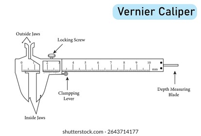 A Detailed Vector Recreation of Vernier Caliper. All parts mentioned with names. NEEB, LOCKING SCREW, BEAM, FIXED JAW, VERNIER SCALE, FINE ADJUSTMENT NUT, MAIN SCALE, DEPTH BAR