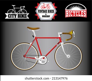 detailed vector red and chrome road bike drawing with retro stickers 