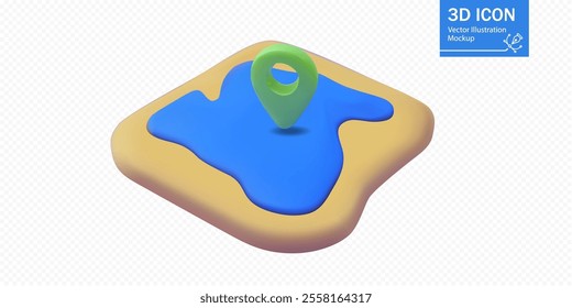 A detailed vector representation displays a stylized map icon featuring a blue body of water with a green location marker placed at its center, set on a flat background.