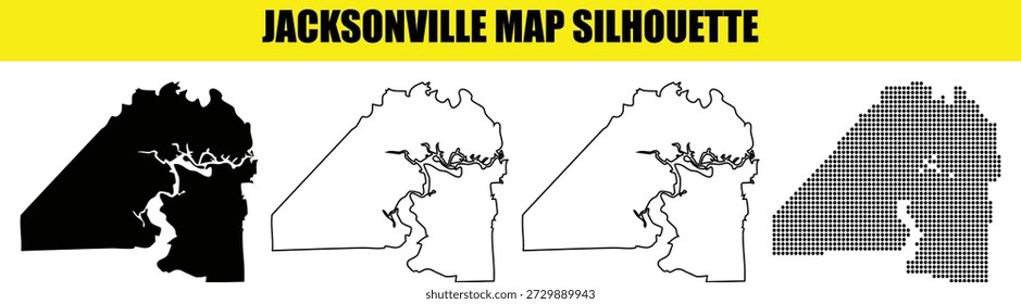 Detailed vector representation of Jacksonville Florida city boundaries available in four distinct styles like black silhouette white fill thin stroke outline and creative dot patterns