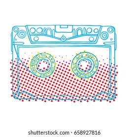 Detailed vector retro analogue compact audio cassette tape. Magnetic tape compact format record with halftone