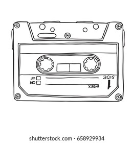 Detailed vector retro analogue compact audio cassette tape. Magnetic tape compact format record