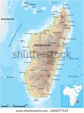 Detailed vector road map of the island nation of Madagascar