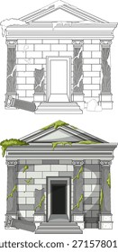 Vetor detalhado de fachada de templo de pedra clássica arruinada com musgo, rachaduras, colunas quebradas, vista frontal