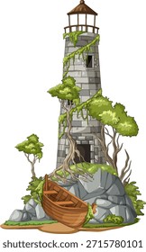 Detailed vector of ruined lighthouse on rocky shore with overgrown trees and stranded boat
