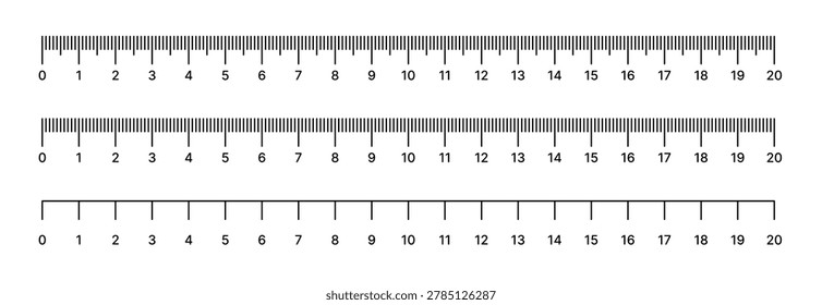 Detailed vector ruler collection with centimeter measurement scales, metric markings, calibration lines, precision increments, isolated educational template engineering, drafting, geometry design use