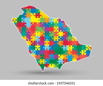 Detailed vector Saudi Arabia country map with puzzle pieces isolated on background. Flat state template for trip pattern, report, infographics, backdrop. National creative jigsaw sign concept