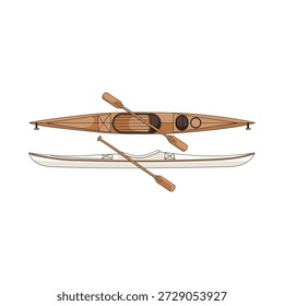 A detailed vector set featuring top and side views of a wooden kayak and a white canoe with rowing paddles.