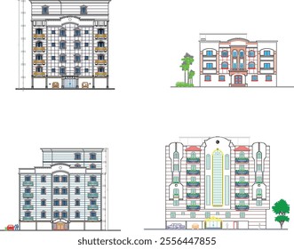 Detailed vector set of historical building facades, colored and realistic, isolated on white. Ideal for architectural designs, heritage projects, urban illustrations, and decorative design elements.
