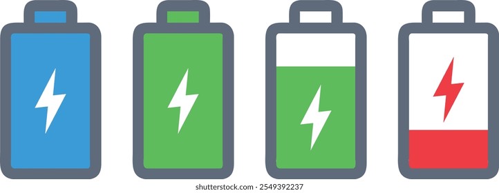 Un conjunto de Vectores detallado que muestra los íconos del Estado del Recargo de la batería, incluidos los símbolos de la batería, los indicadores de nivel de energía y las imágenes del nivel de Recargo, perfecto para gráficos y diseños de interfaz de usuario.