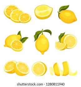 Detailed vector set of sliced and whole lemons. Juicy citrus fruit. Organic product. Natural and healthy food