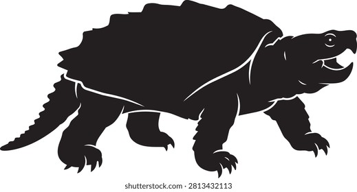 Detailed vector silhouette of an alligator snapping turtle in motion isolated on white. Perfect for nature and wildlife design elements.
