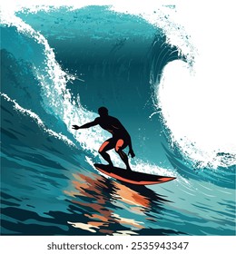 A detailed vector silhouette capturing the thrill of surfing on a powerful, wild blue wave. Perfect for creative projects, branding, and adventure-themed designs