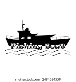 A detailed vector silhouette illustration of a fishing boat, capturing the essence of maritime life, perfect for nautical-themed designs, commercial fishing, and marine projects.