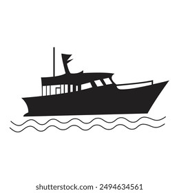 A detailed vector silhouette illustration of a fishing boat, capturing the essence of maritime life, perfect for nautical-themed designs, commercial fishing, and marine projects.