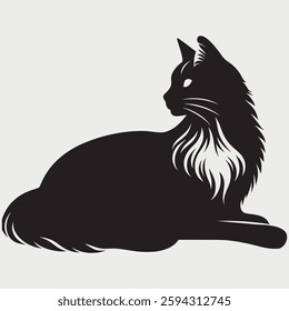 Detailed vector silhouette illustration of a long-haired cat resting, showcasing elegance and feline grace against a white background.