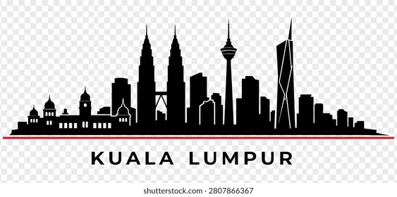 A detailed vector silhouette of the Kuala Lumpur city skyline, featuring iconic landmarks like the Petronas Twin Towers and KL Tower, isolated design.