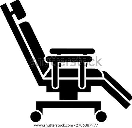 Detailed vector silhouette of reclining patient examination chair. Ideal icon for dental or medical clinics needing professional healthcare furniture illustrations.