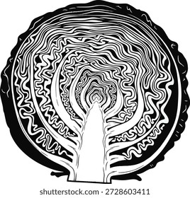 Detailed vector silhouette of a sliced cabbage showing the complex natural patterns of its leaves and stem.