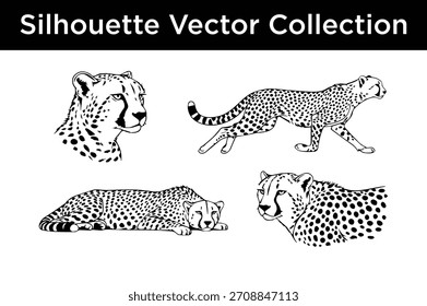 Detailed vector silhouettes of cheetahs in different poses, ideal for wildlife and nature-themed designs.
