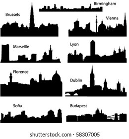 Detailed vector silhouettes of European cities part 2