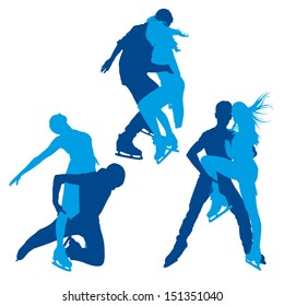 Detailed vector silhouettes of figure skaters, dancing on ice