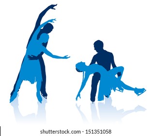 Detailed vector silhouettes of pairs figure skaters. Dancing on ice