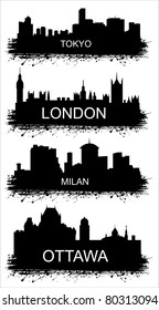 Detailed vector silhouettes of world cities. MILAN, TOKYO, OTTAWA, LONDON.